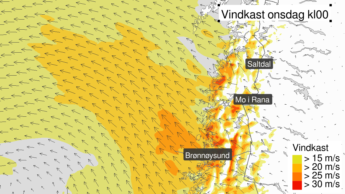 Kraftige vindkast, gult nivå, Helgeland og Saltfjellet, 12 March 19:00 UTC til 13 March 12:00 UTC.