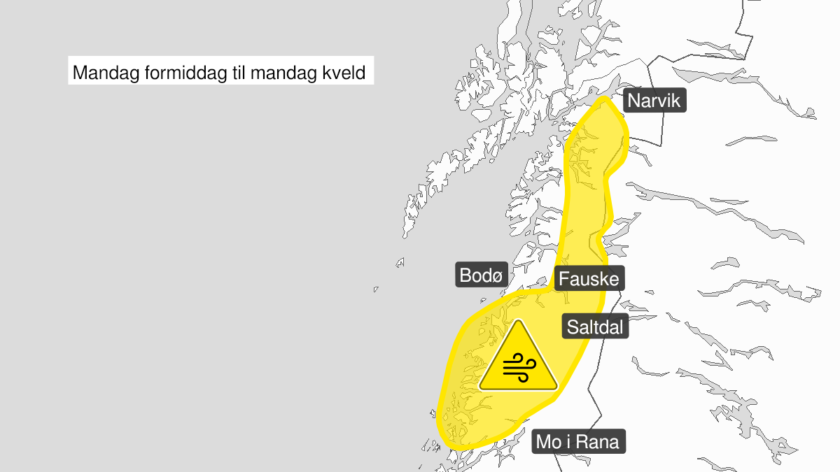 Kart over Kraftige vindkast, gult nivå, Deler av Helgeland, Salten og Ofoten, 2022-09-26T07:00:00+00:00, 2022-09-26T22:00:00+00:00