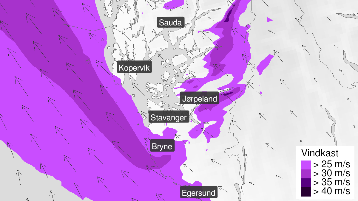Kart over Kraftige vindkast, gult nivå, Deler av Rogaland, 2023-01-10T21:00:00+00:00, 2023-01-11T02:00:00+00:00