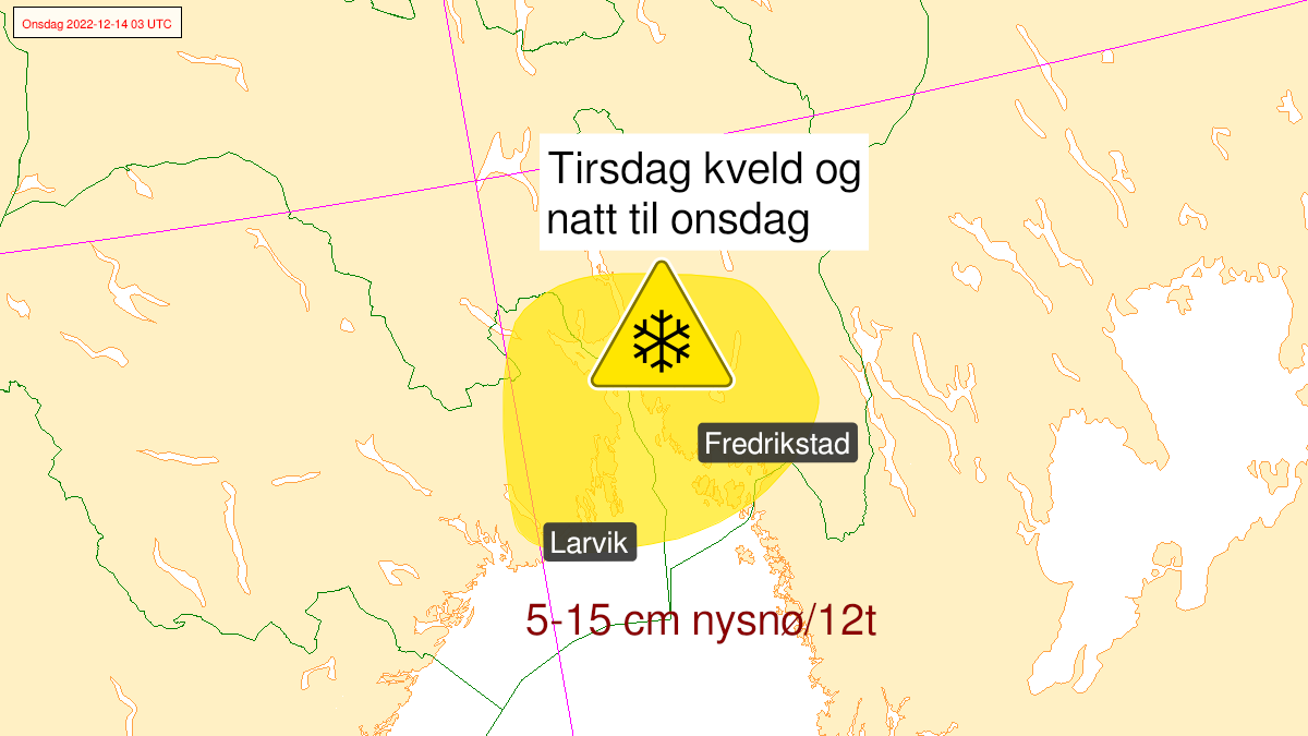 Kart over Snø, gult nivå, Vestfold og Østfold, 2022-12-13T18:00:00+00:00, 2022-12-14T03:00:00+00:00