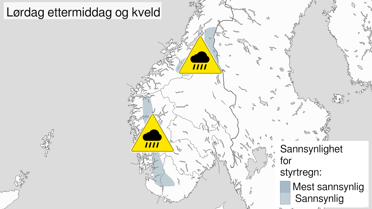 Kart over Styrtregn, gult nivå, Deler av Vestlandet sør for Stad, 2023-06-17T15:00:00+00:00, 2023-06-17T20:00:00+00:00