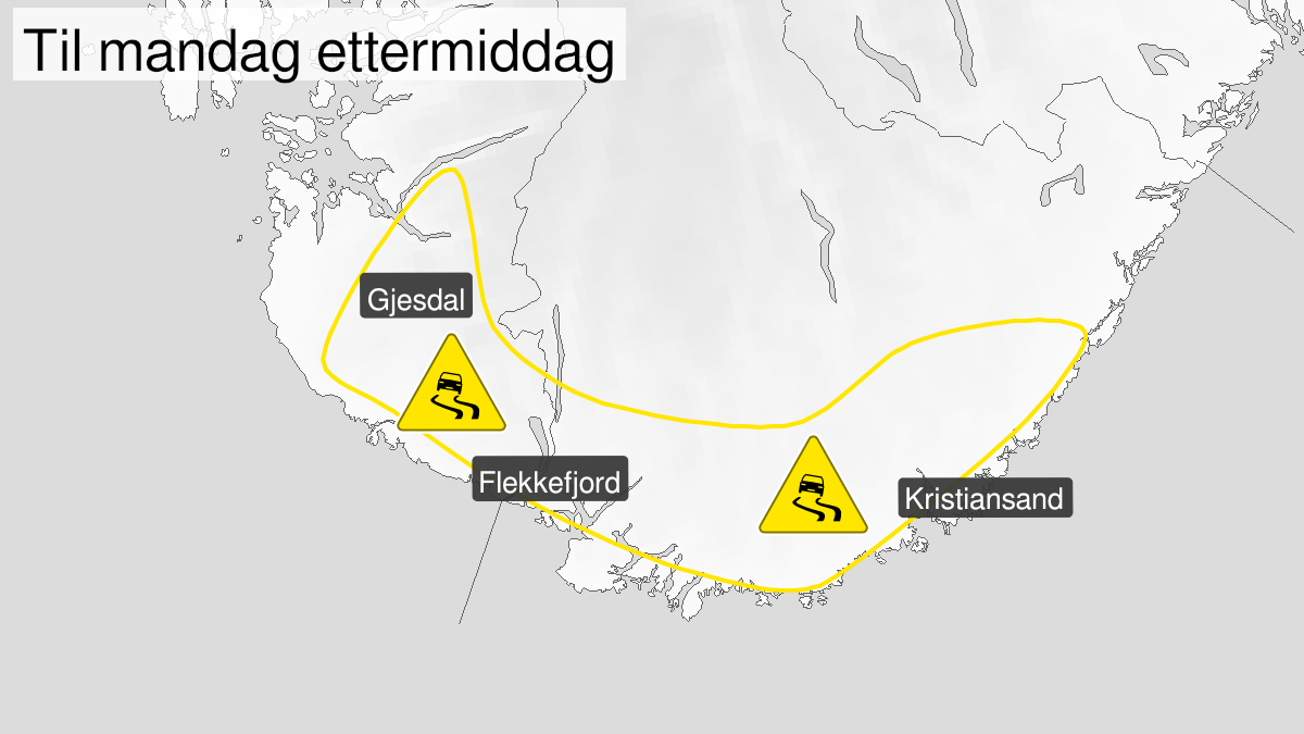 Kart over Is, gult nivå, Sørlige deler av Rogaland og Agder, 2023-01-02T04:00:00+00:00, 2023-01-02T18:00:00+00:00