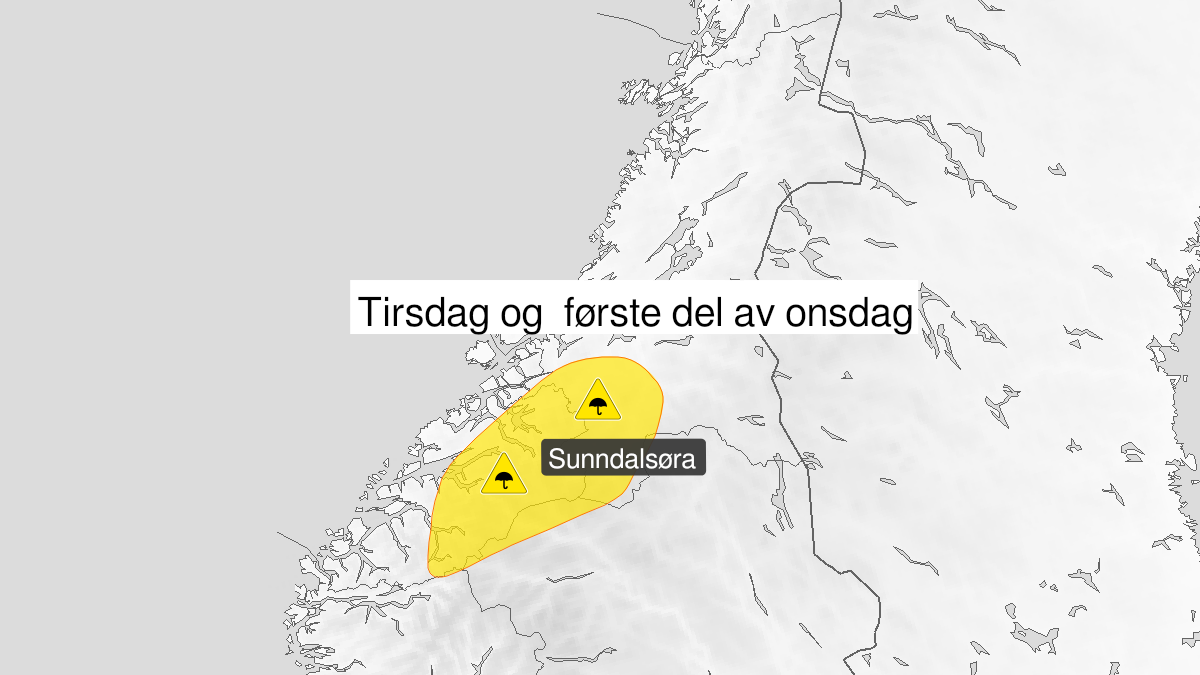 Kart over Mye regn, gult nivå, Deler av Nordvestlandet, 2022-09-13T02:00:00+00:00, 2022-09-14T04:00:00+00:00