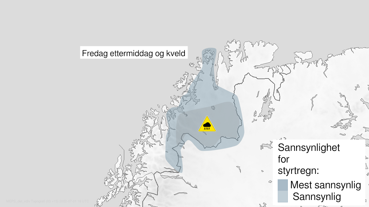 Kart over Styrtregn, gult nivå, Deler av Nord-Troms og Finnmark, 2022-07-01T12:00:00+00:00, 2022-07-01T23:59:00+00:00
