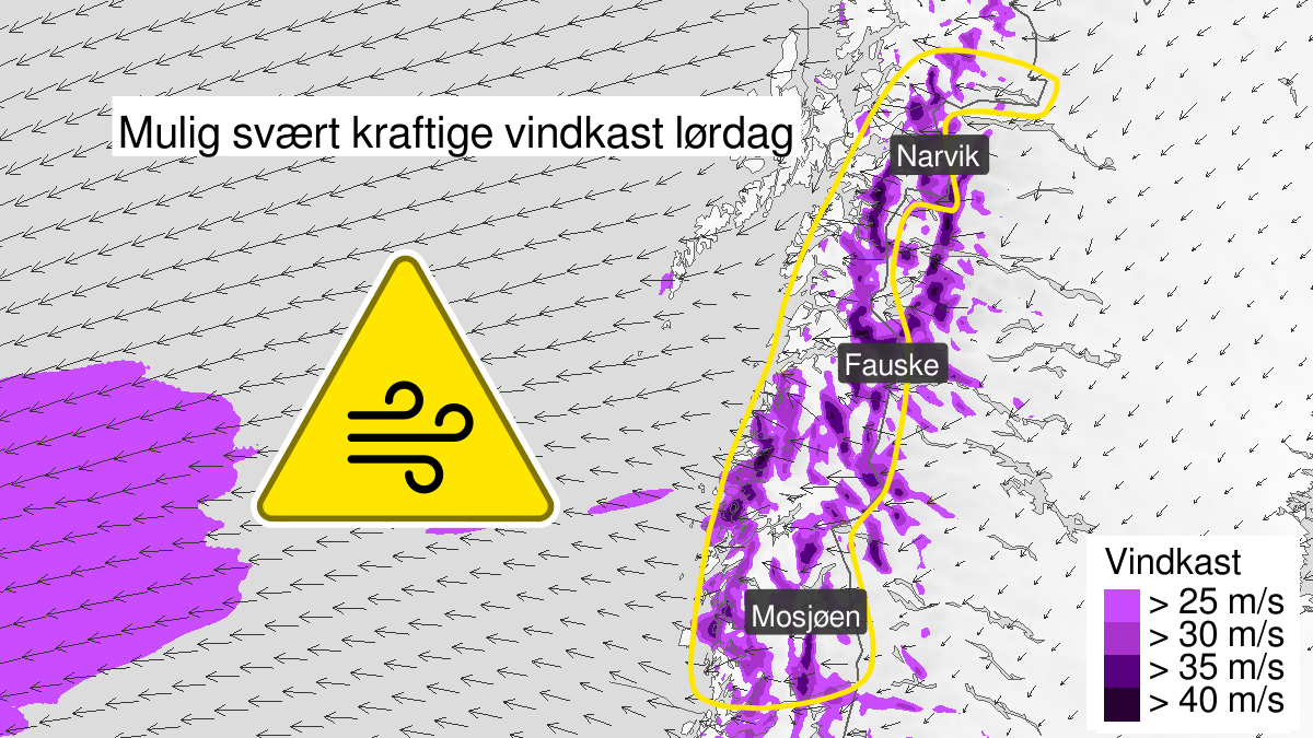 Kart over Mulighet for svært kraftige vindkast, gult nivå, Helgeland, Salten, Ofoten og sørligste deler av Troms, 2023-11-03T23:00:00+00:00, 2023-11-04T23:00:00+00:00