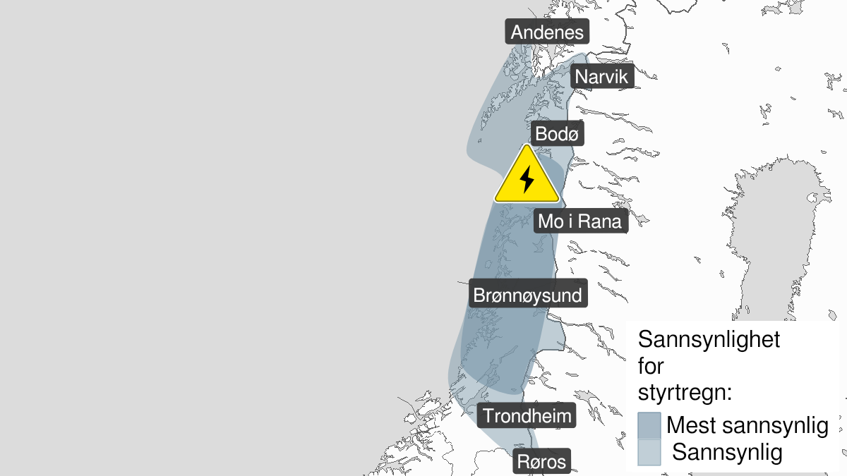 Kart over Mye lyn, gult nivå, Nordland og deler av Trøndelag, 2022-08-16T12:00:00+00:00, 2022-08-17T04:00:00+00:00