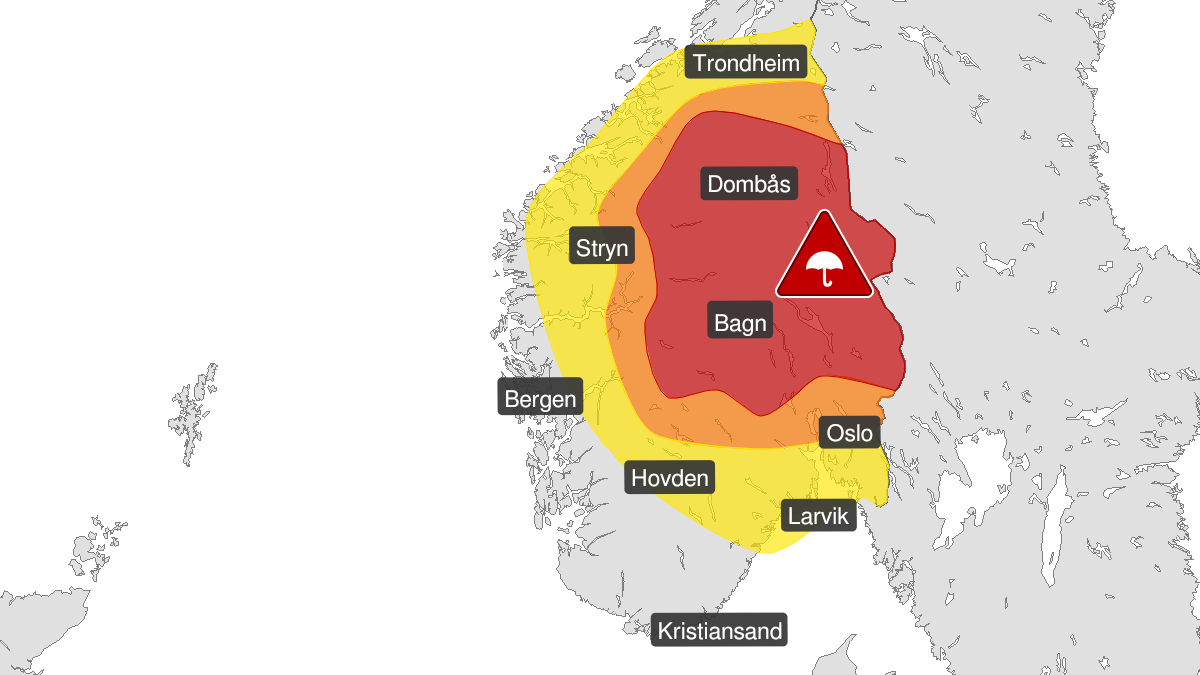 Kart over Svært mye regn, oransje nivå, Deler av Sør-Norge, 2023-08-07T06:00:00+00:00, 2023-08-08T20:00:00+00:00