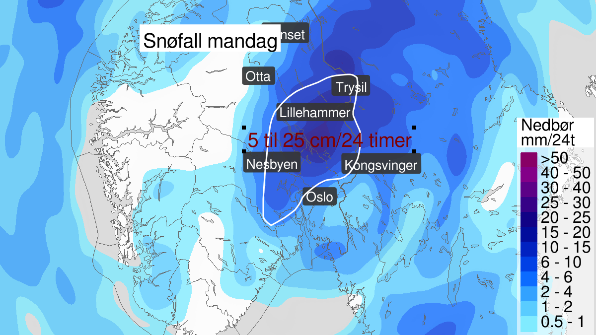 Heavy snow ongoing, yellow level, Buskerud, Oppland and Hedmark, 06 May 13:00 UTC to 06 May 22:00 UTC.