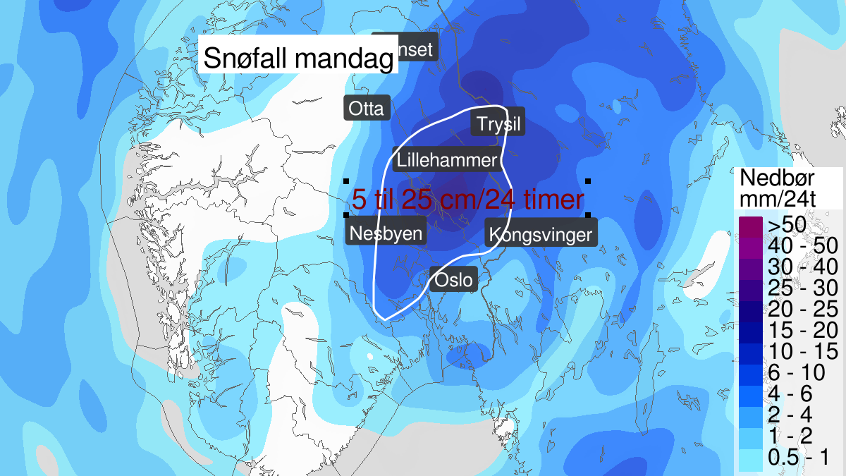 Mye snø pågår, gult nivå, Buskerud, Oppland og Hedmark, 06 May 13:00 UTC til 06 May 22:00 UTC.