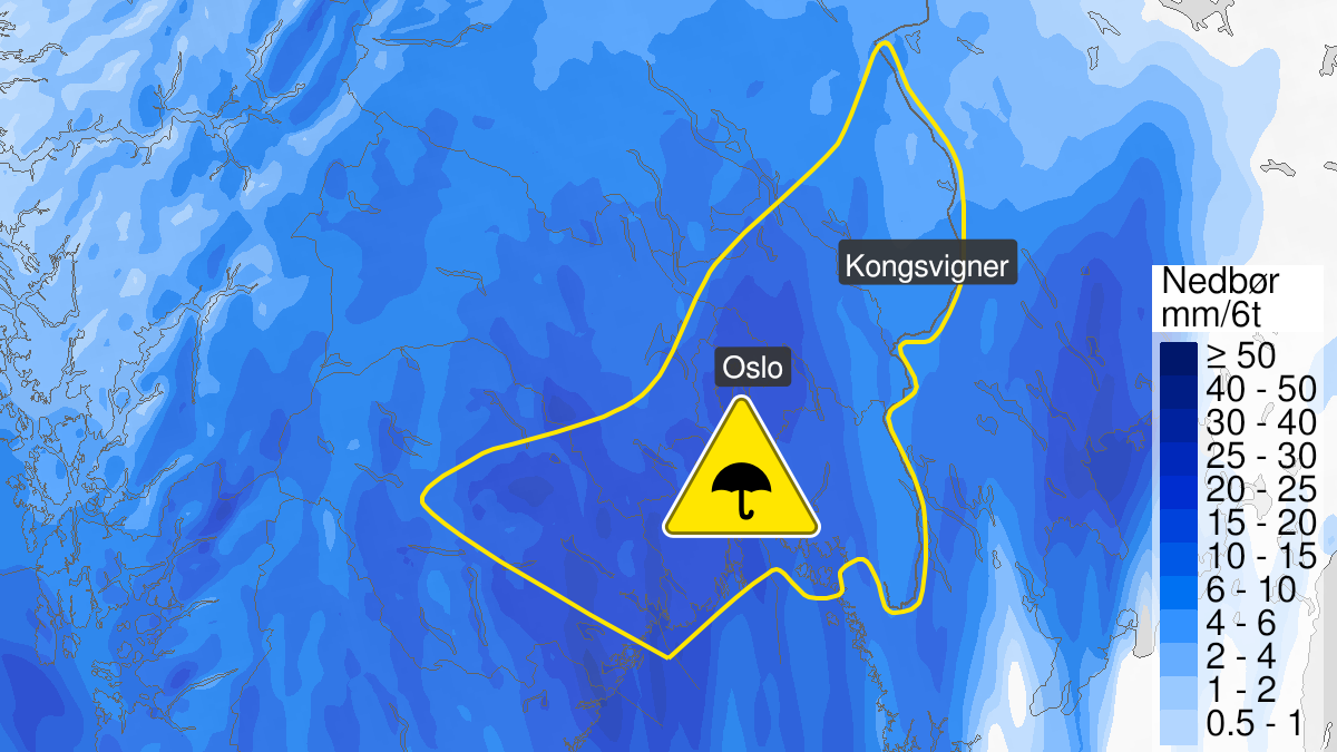 Kart over Mye regn, gult nivå, Deler av Østlandet, 2024-07-10T05:00:00+00:00, 2024-07-10T15:00:00+00:00