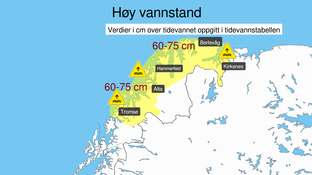 Høy vannstand, gult nivå, Nord-Troms og Kyst- og fjordstrøkene i Finnmark, 09 January 09:00 UTC til 09 January 19:00 UTC.