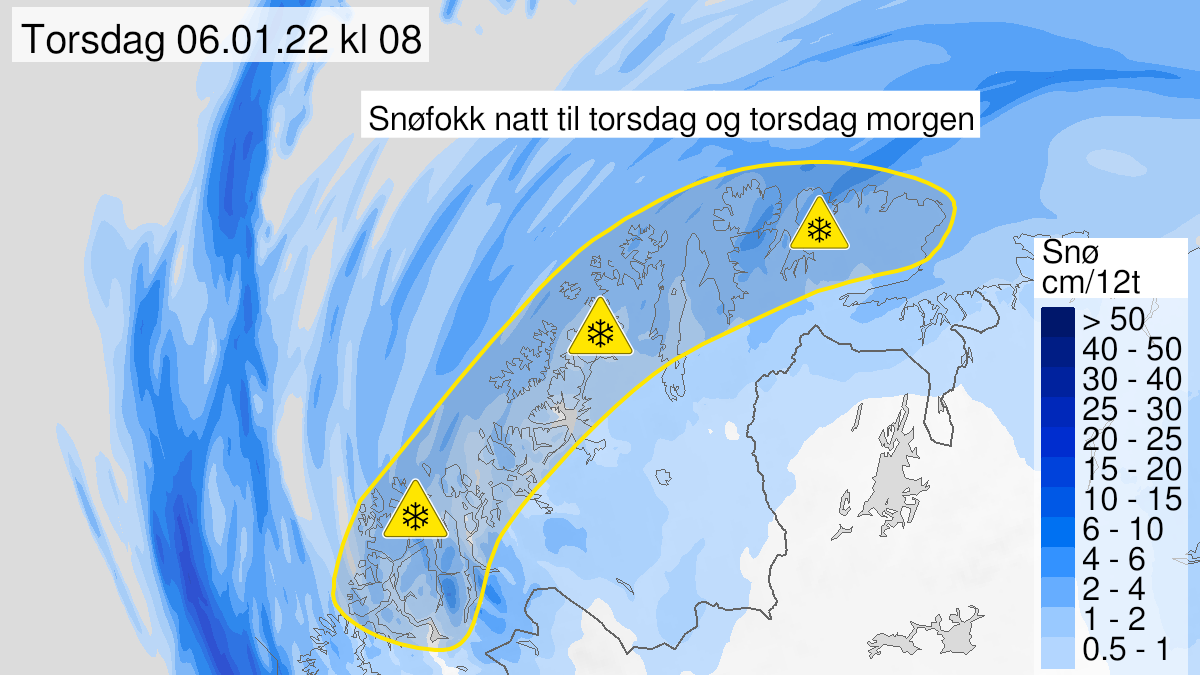 Map of blowing snow, yellow level, Nord-Troms and Kyst- and fjordstroekene i Finnmark, 05 January 21:00 UTC to 06 January 09:00 UTC.