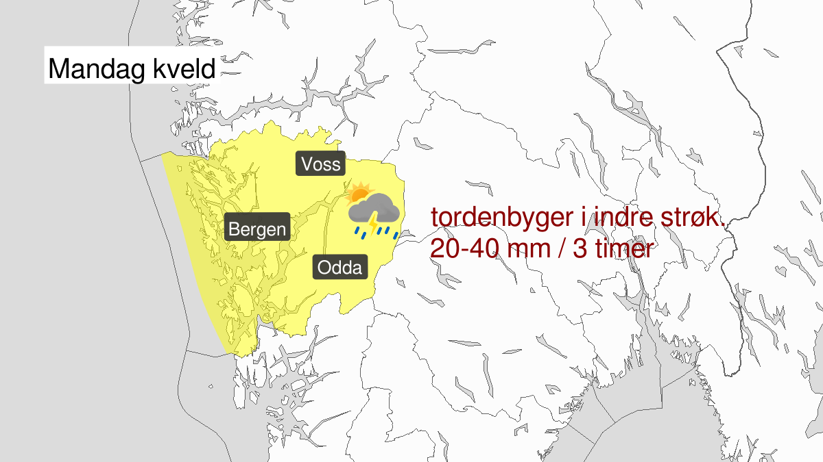 Kraftige regnbyger, gult nivå, Hordaland, 05 August 15:00 UTC til 05 August 22:00 UTC.