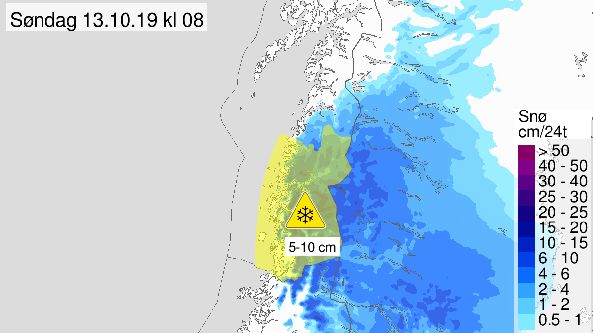 Heavy snow, yellow level, Helgeland and Saltfjellet, 12 October 03:00 UTC to 13 October 12:00 UTC.