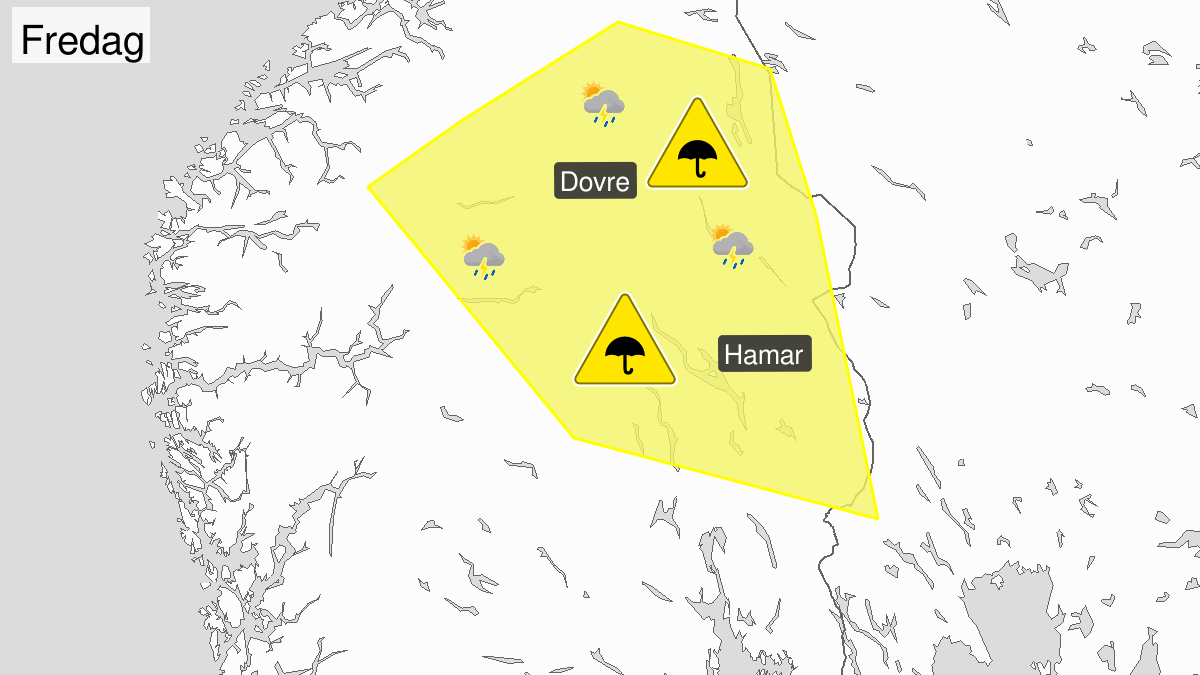 Heavy rainshowers, yellow level, Oppland and Hedmark, 07 June 05:00 UTC to 07 June 22:00 UTC.