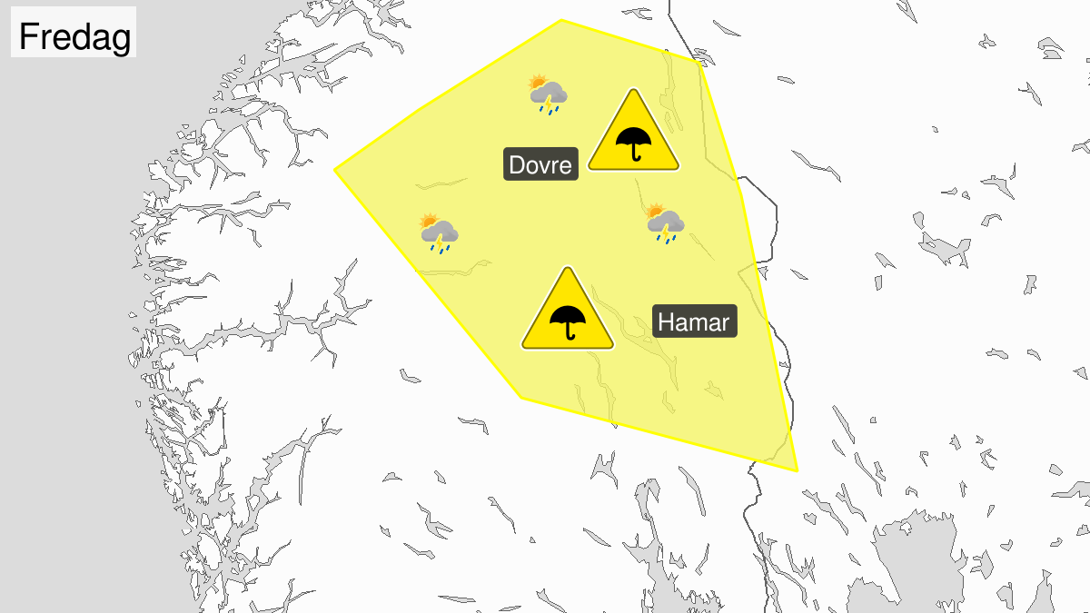 Kraftige regnbyger, gult nivå, Oppland og Hedmark, 07 June 05:00 UTC til 07 June 22:00 UTC.