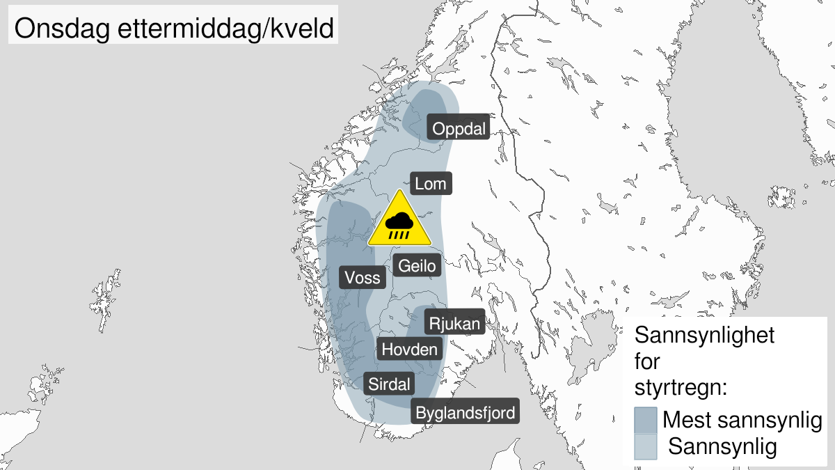 Kart over styrtregn pågår, gult nivå, Agder, Telemark, Buskerud og Oppland, 17 June 12:00 UTC til 17 June 18:00 UTC.