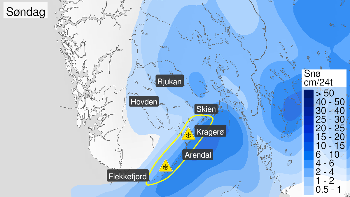 Kart over Snø, gult nivå, Ytre strøk av Agder og Telemark, 2022-11-20T00:10:00+00:00, 2022-11-20T07:00:00+00:00