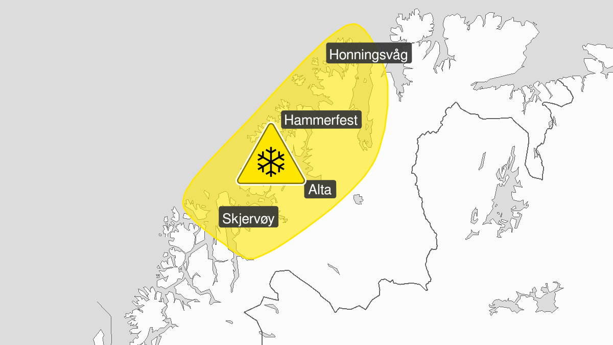 Map of blowing snow, yellow level, Nord-Troms and Kyst- and fjordstroekene i Vest-Finnmark, 13 November 23:00 UTC to 14 November 07:00 UTC.