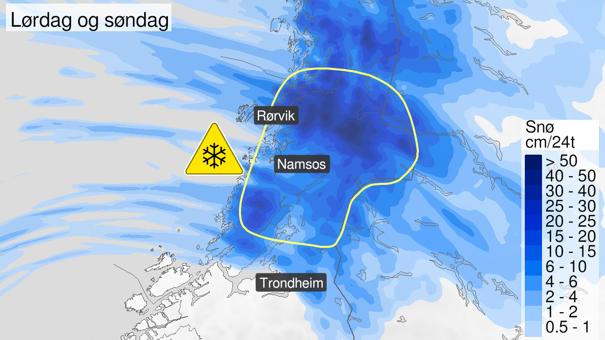 Kart over normalt mye snø, grønt nivå, Trøndelag nord for Trondheimsfjorden, 13 February 00:00 UTC til 14 February 11:00 UTC.