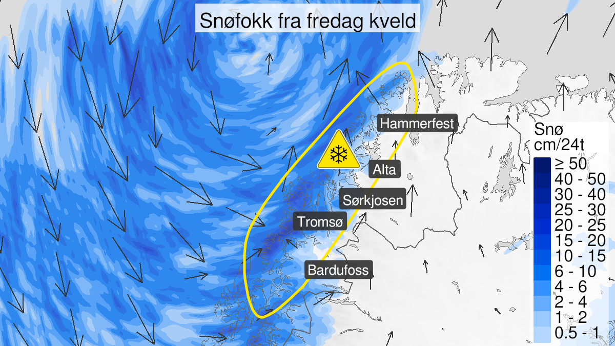 Map over Blowing snow, yellow level, Large parts of Troms and Vest-Finnmark, 2023-03-10T18:00:00+00:00, 2023-03-12T06:00:00+00:00
