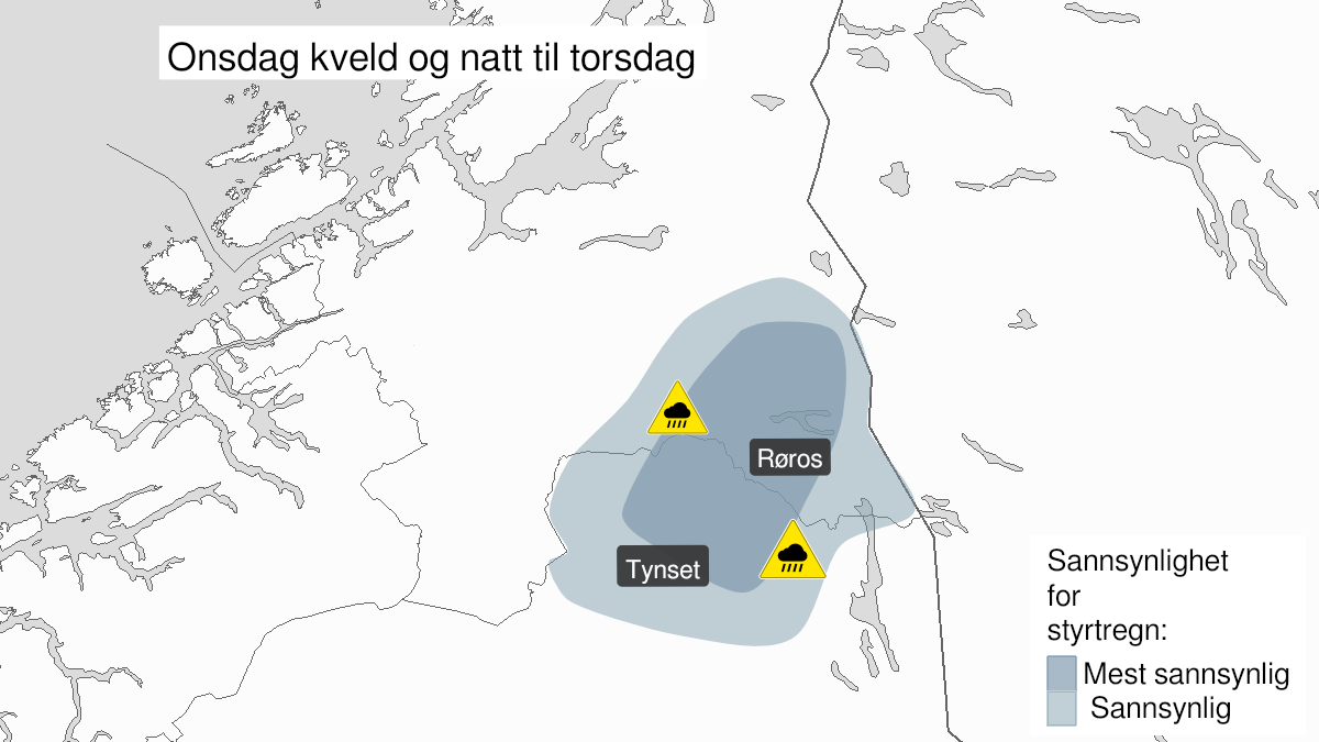 Kart over Styrtregn, gult nivå, Deler av Sør-Trøndelag og Hedmark, 2024-06-26T18:00:00+00:00, 2024-06-27T03:00:00+00:00