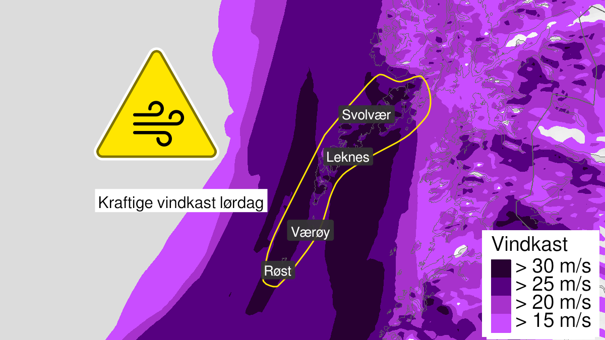 Map over Strong wind gusts, yellow level, Lofoten, 2024-02-24T08:00:00+00:00, 2024-02-24T21:00:00+00:00