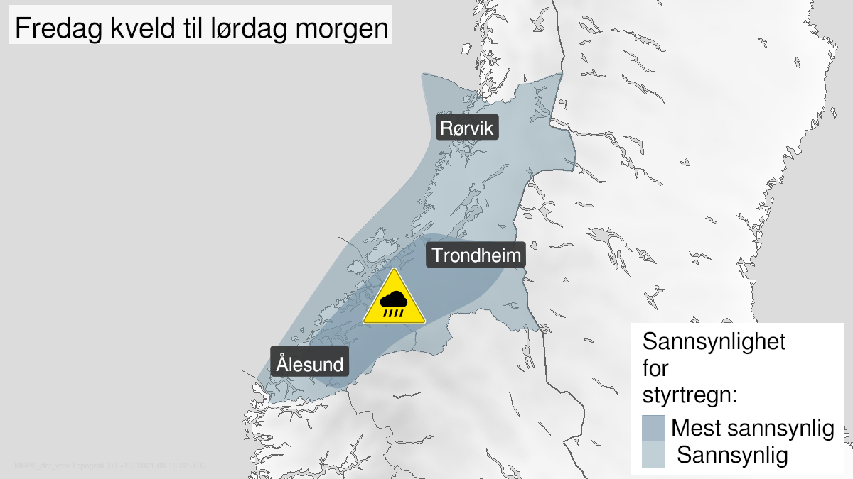 Kart over styrtregn, gult nivå, Møre og Romsdal og Trøndelag, 13 August 16:00 UTC til 14 August 06:00 UTC.