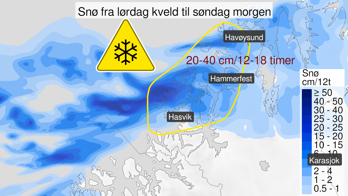 Map over Snow, yellow level, Coastal areas of Western Finnmark, 2024-04-06T17:00:00+00:00, 2024-04-07T09:00:00+00:00