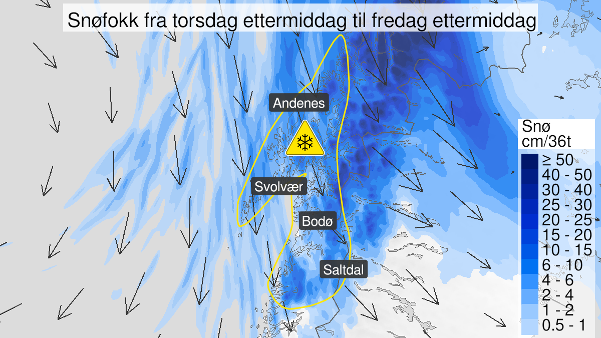 Kart over Kraftig snøfokk, gult nivå, Deler av Troms og Nordland, 2023-03-30T12:00:00+00:00, 2023-03-31T12:00:00+00:00
