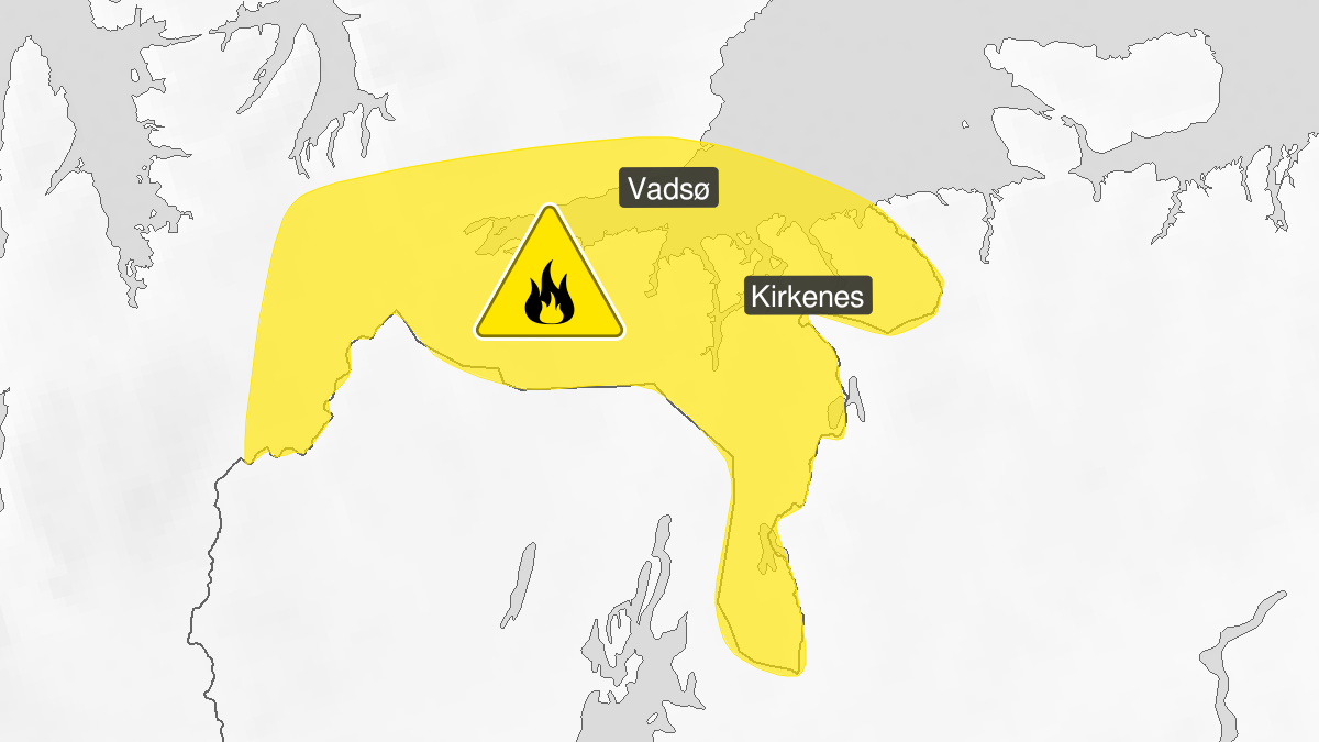 Kart over skogbrannfare ventes, gult nivå, Øst-Finnmark, 23 June 08:00 UTC til 25 June 22:00 UTC.