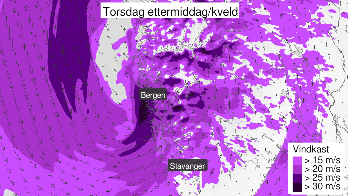 Map of strong wind gusts, yellow level, Vestland county, 24 September 08:00 UTC to 24 September 23:00 UTC.