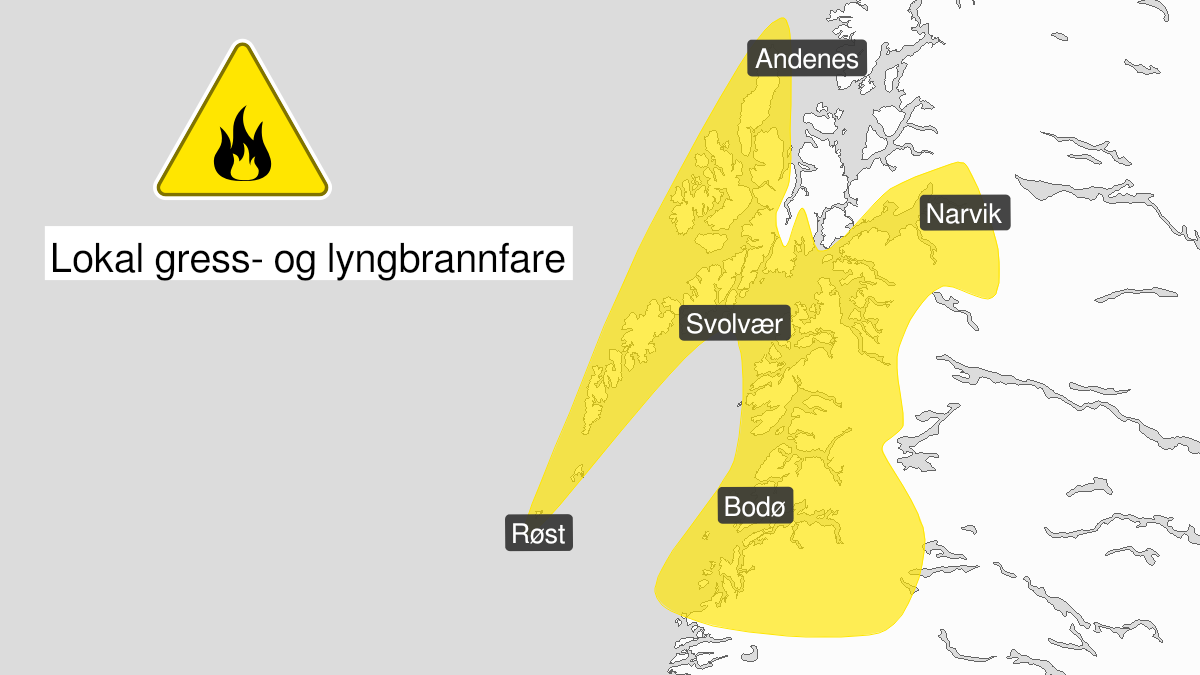 Map over Forest fire danger, yellow level, northern parts of Nordland, 2024-07-21T00:00:00+00:00, 2024-07-23T22:00:00+00:00
