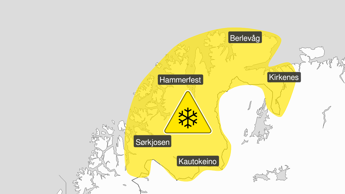 Map over Blowing snow, yellow level, Finnmark and parts of Troms, 2023-12-24T03:00:00+00:00, 2023-12-24T20:00:00+00:00