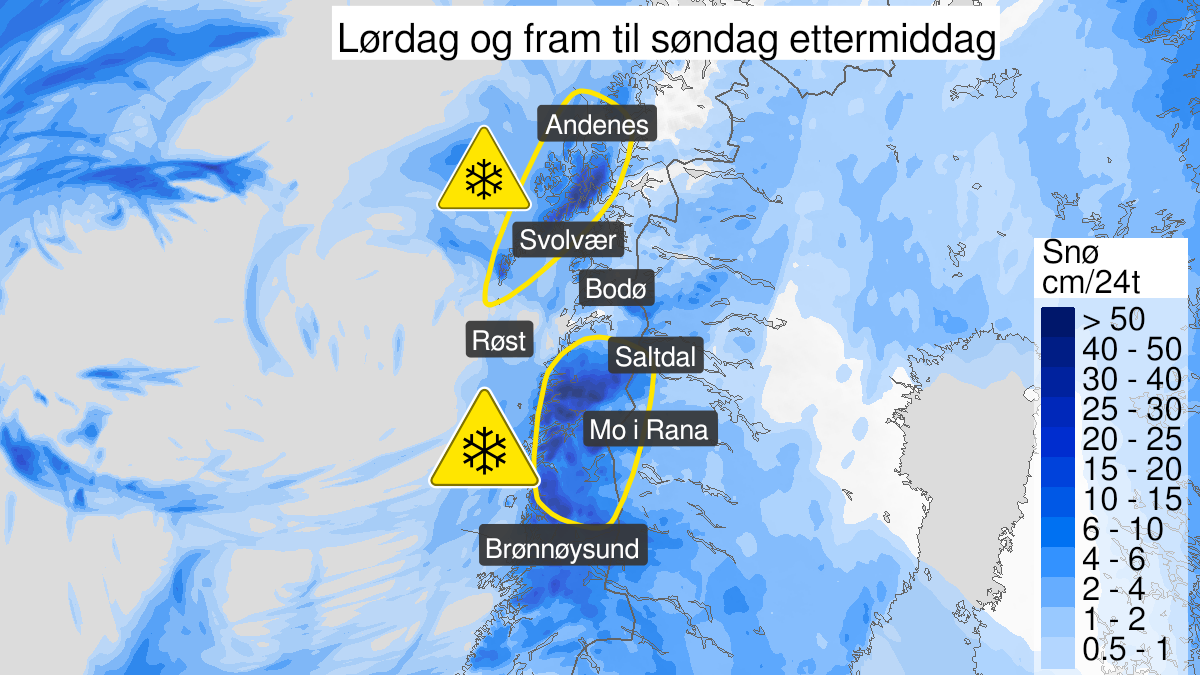 Map of snow, yellow level, Helgeland and Saltfjellet, 05 February 12:00 UTC to 06 February 12:00 UTC.