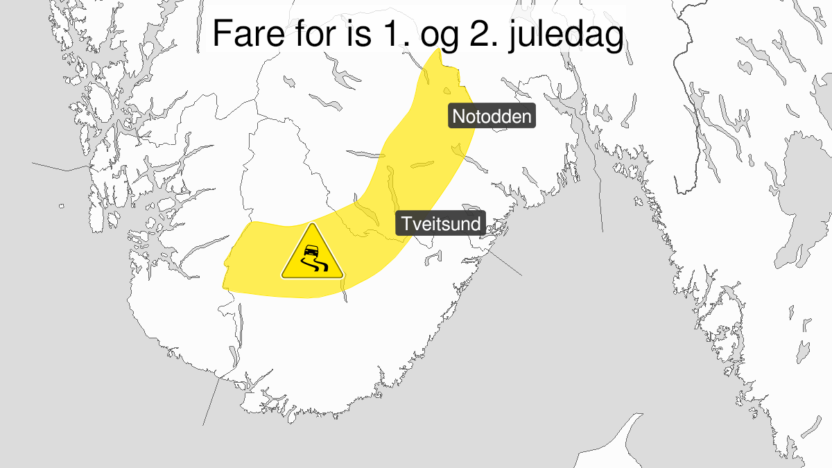 Kart over Is, gult nivå, Deler av Agder og Telemark, 2022-12-25T14:00:00+00:00, 2022-12-26T05:00:00+00:00
