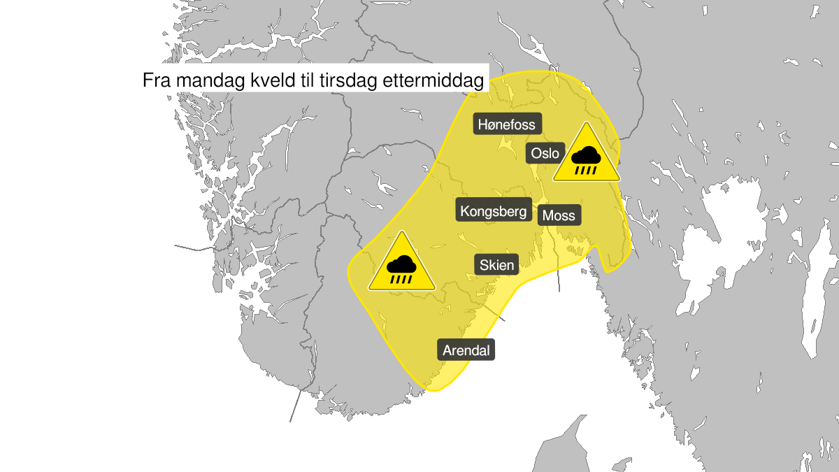 Kart over Styrtregn, gult nivå, Deler av Østlandet, 2022-09-12T19:00:00+00:00, 2022-09-13T14:00:00+00:00