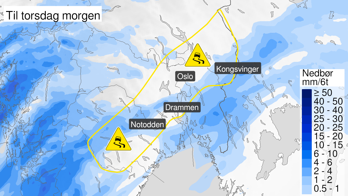 Kart over Is, gult nivå, Deler av Østlandet, 2022-12-21T13:00:00+00:00, 2022-12-22T07:00:00+00:00