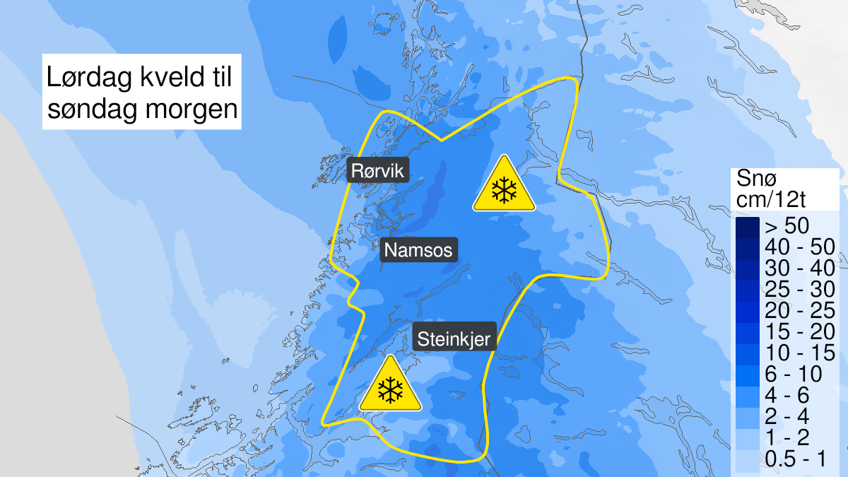 Kart over snø, gult nivå, Nord-Trøndelag, 26 March 19:00 UTC til 27 March 05:00 UTC.