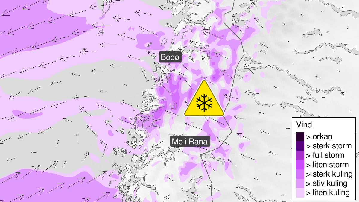 Map of blowing snow, yellow level, Saltfjellet, Salten, 01 April 18:00 UTC to 02 April 10:00 UTC.