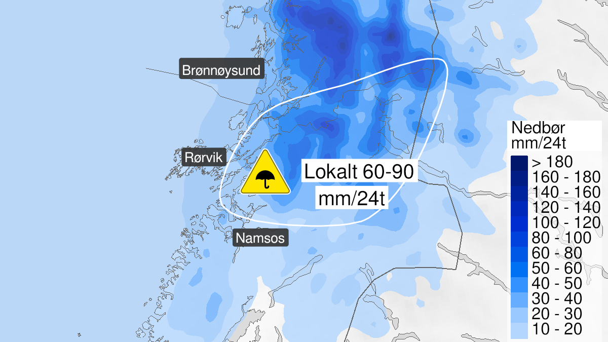 Kart over mye regn, gult nivå, Namdalen, 20 September 18:00 UTC til 21 September 18:00 UTC.