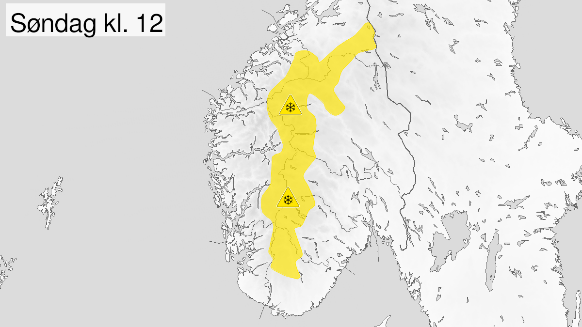 Kart over kraftig snøfokk, gult nivå, Fjellet i Sør-Norge, 26 December 21:00 UTC til 28 December 09:00 UTC.