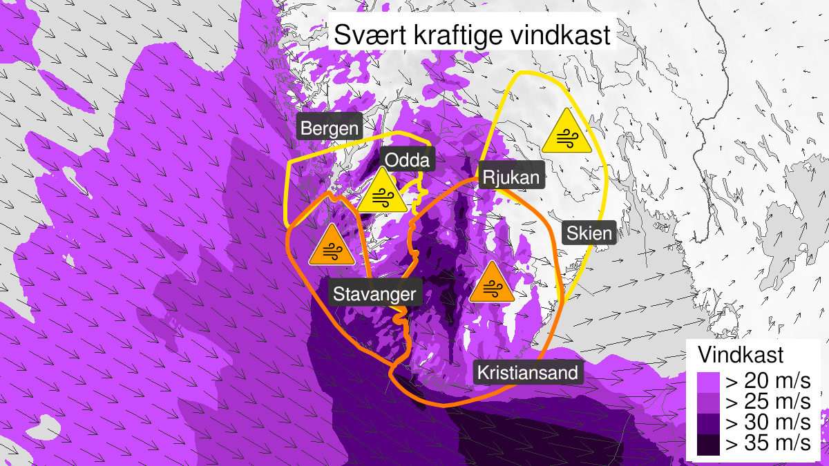 Kart over Svært kraftige vindkast, oransje nivå, Deler av Sunnhordland og Rogaland, 2023-02-17T13:00:00+00:00, 2023-02-17T18:00:00+00:00