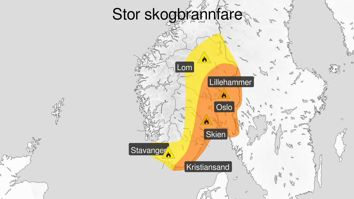 Kart over Stor skogbrannfare, oransje nivå, Deler av Østlandet og Agder, 2023-06-02T08:00:00+00:00, 2023-06-08T20:00:00+00:00