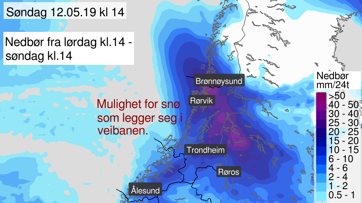 Heavy snow, yellow level, Trøndelag, 11 May 12:00 UTC to 12 May 15:00 UTC.