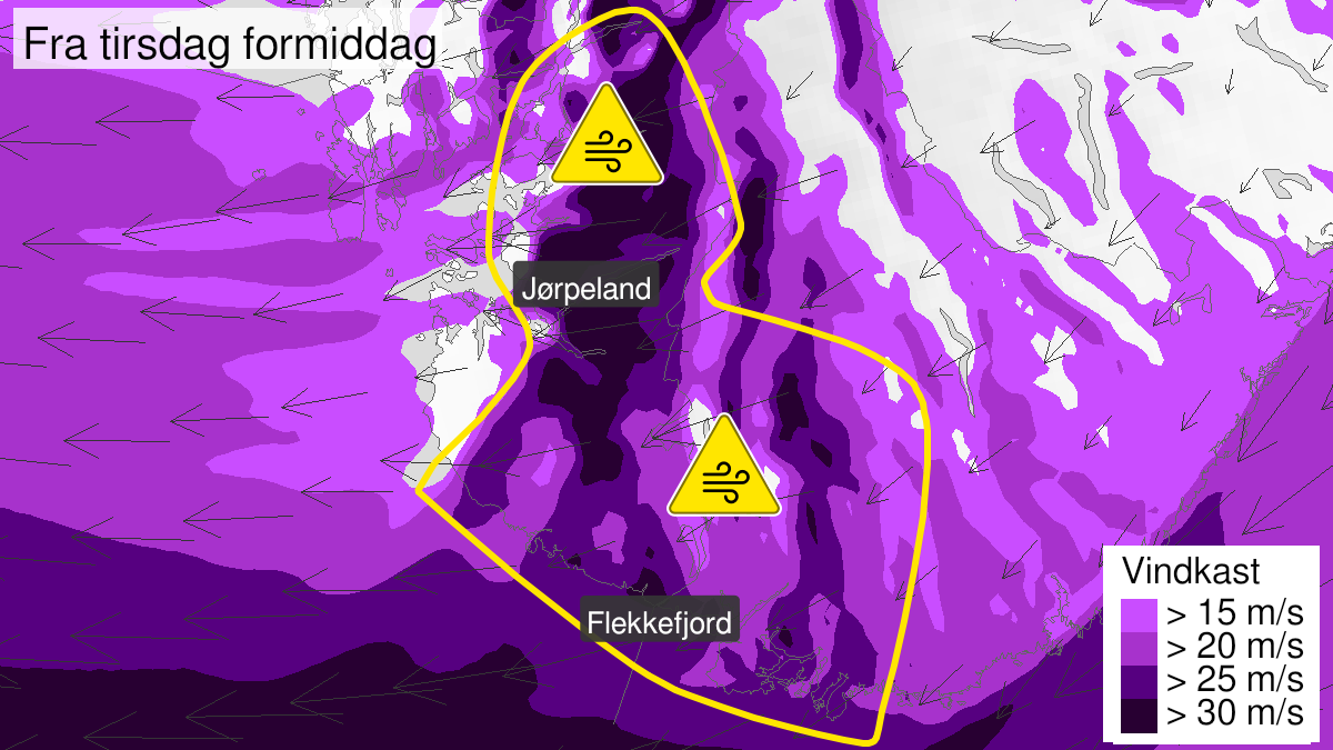 Map over Strong wind gusts, yellow level, Parts of Agder og Rogaland, 2024-01-02T10:00:00+00:00, 2024-01-03T09:00:00+00:00