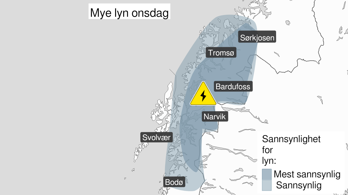 Kart over Nedgradert varsel for mye lyn, Salten, Ofoten og Troms