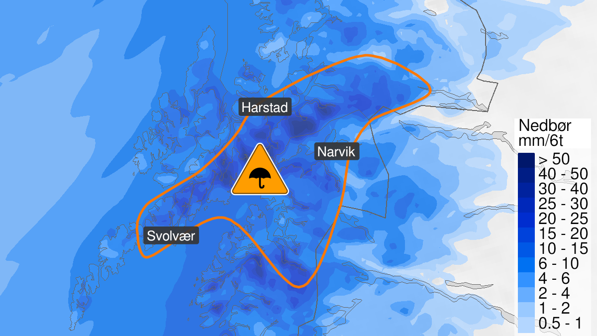 Map of very heavy rain, orange level, Ofoten, Lofoten and Sør-Troms, 23 January 17:00 UTC to 23 January 23:00 UTC.