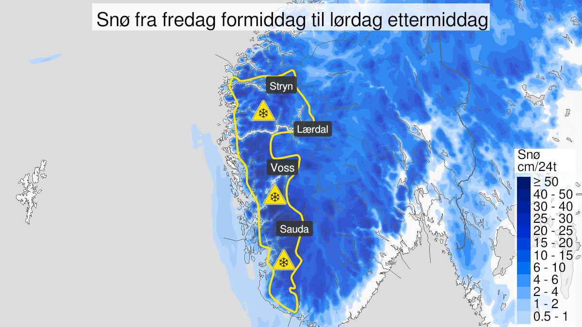 Map over Snow, yellow level, Parts of Vestland county south of Stad , 2024-02-23T09:00:00+00:00, 2024-02-24T12:00:00+00:00