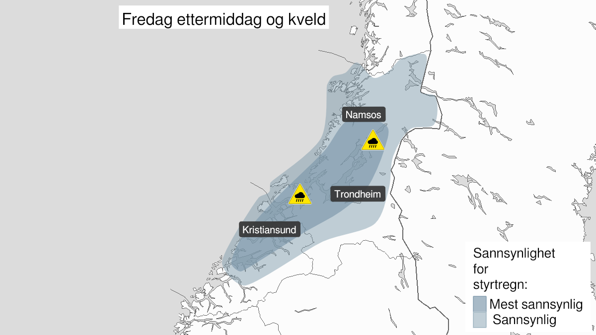 Map over Heavy rainshowers, yellow level, Parts og Møre and Romsdal and Trøndelag, 2024-06-14T14:00:00+00:00, 2024-06-14T23:00:00+00:00